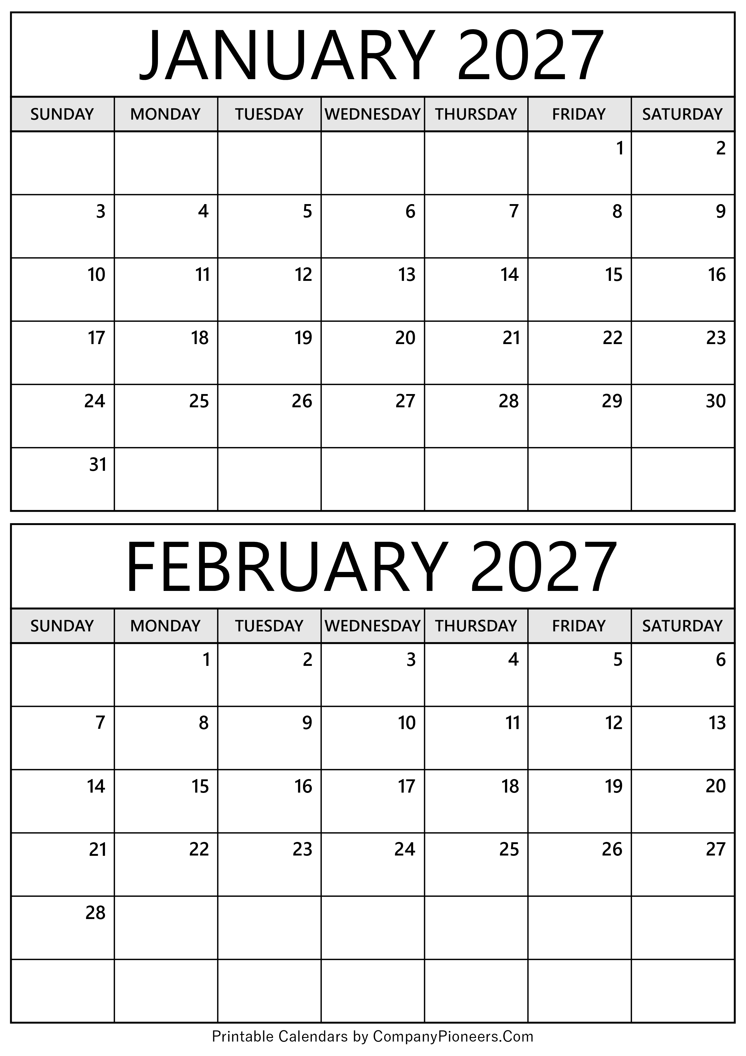 January February 2027 Calendar