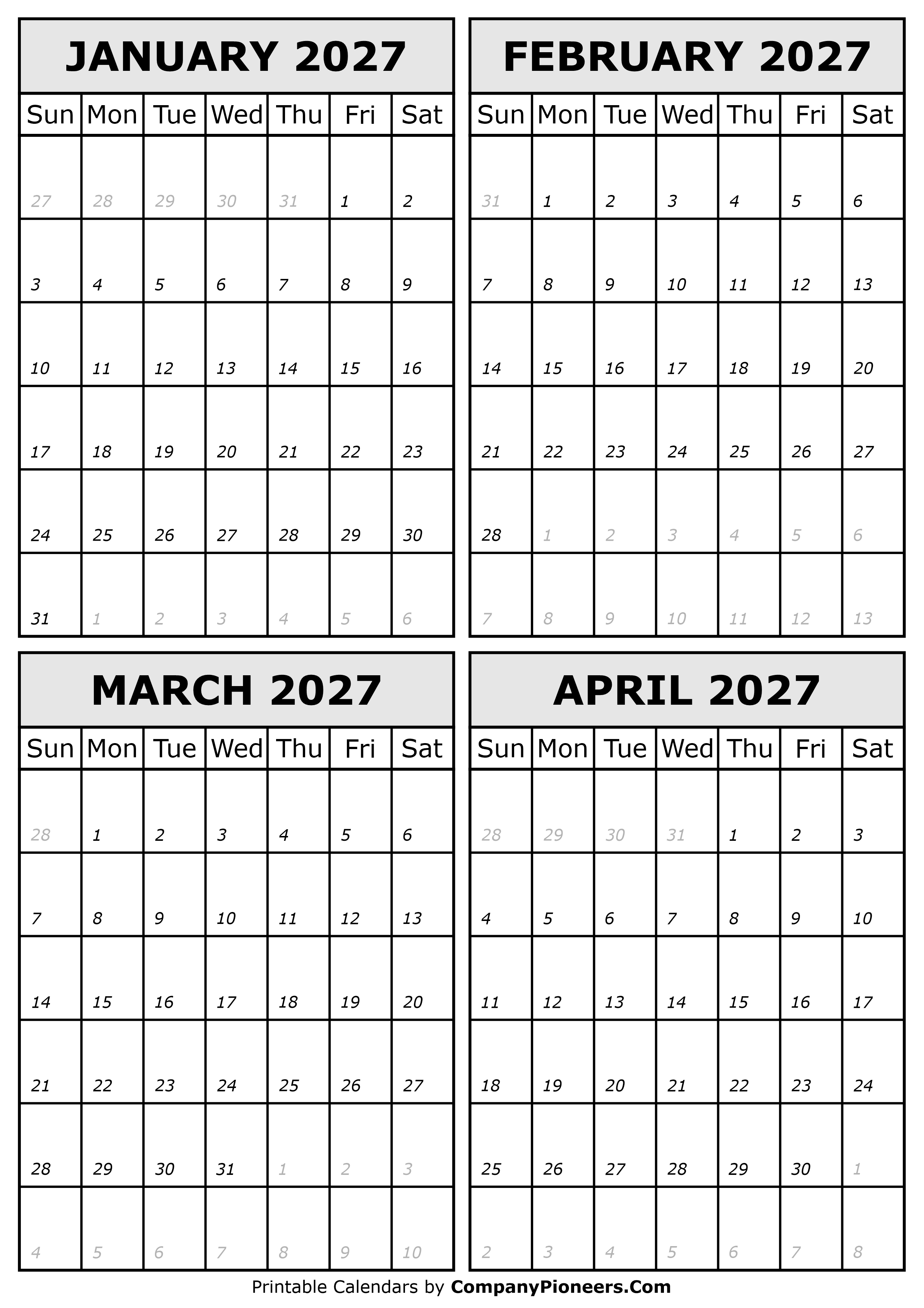 January February March April 2027 Calendar