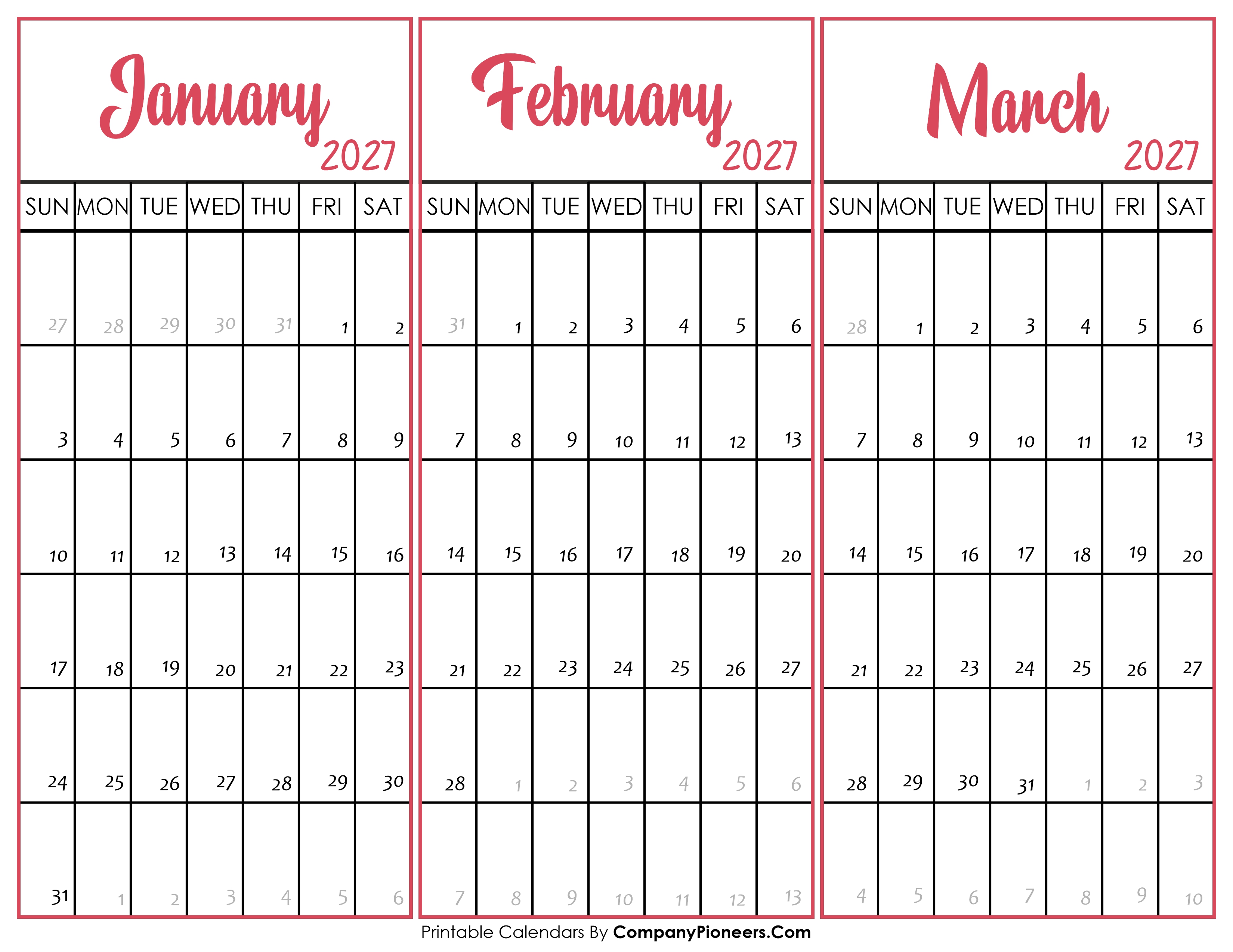 January February and March 2027 Calendar