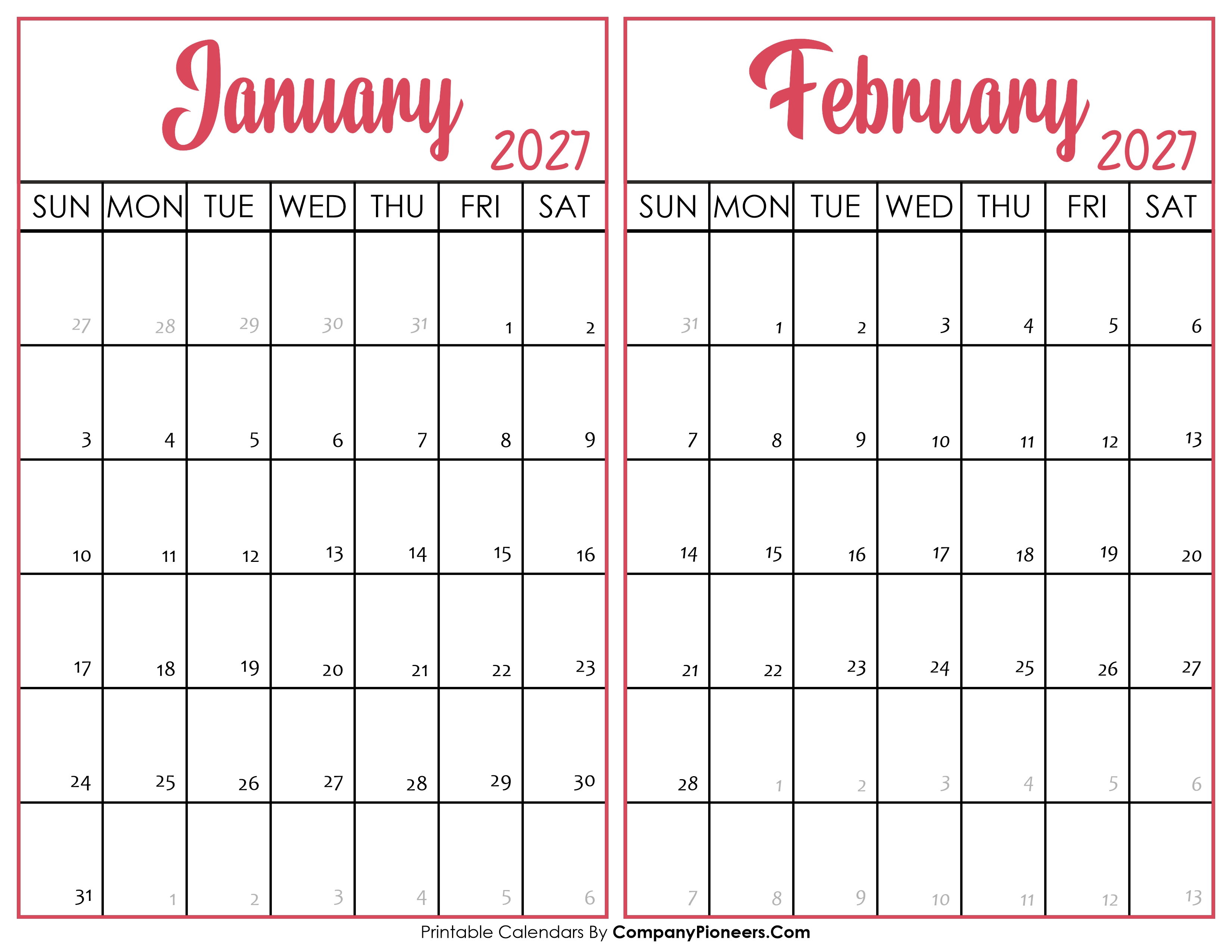 January and February Calendar 2027