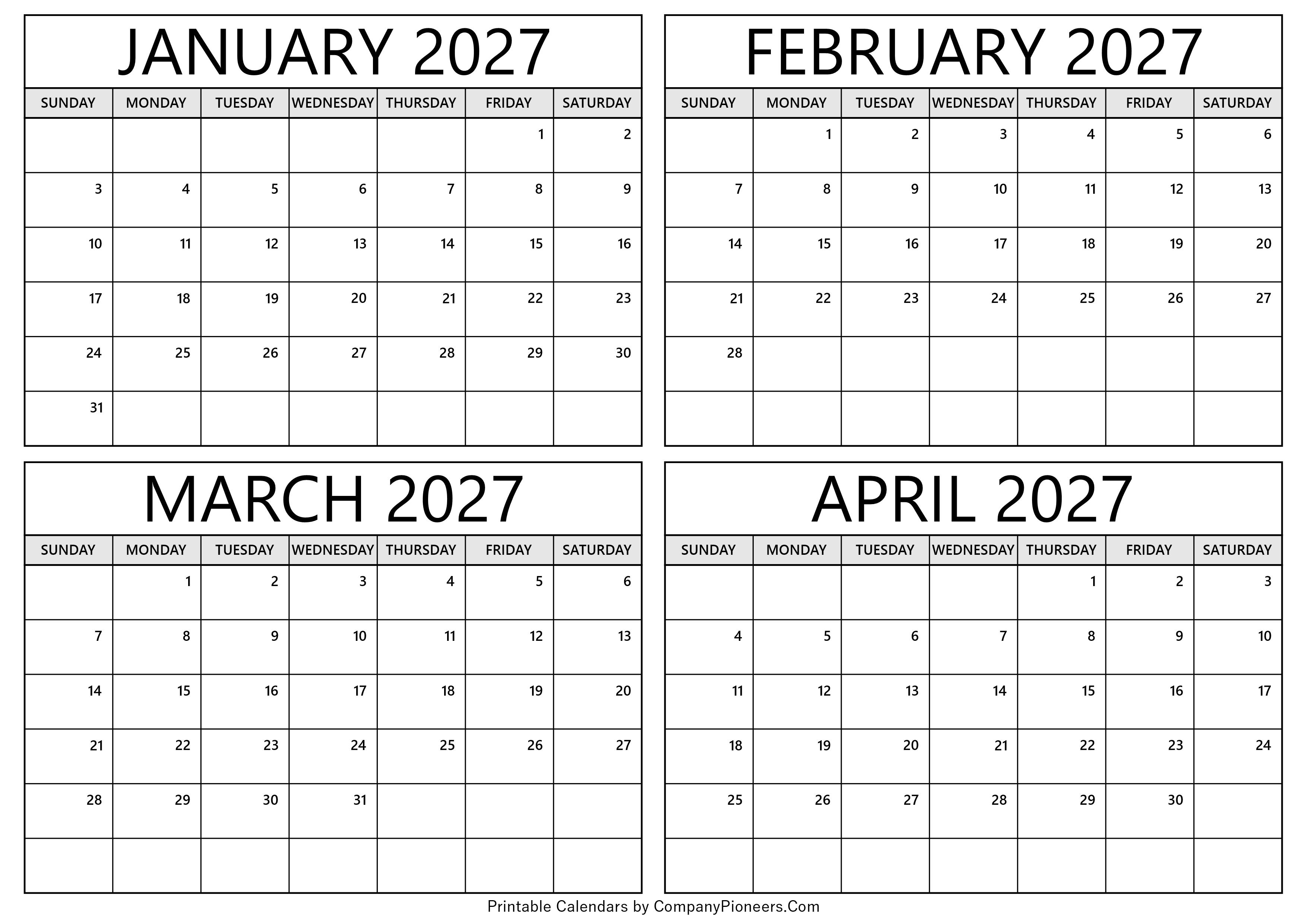 January to April 2027 Calendar