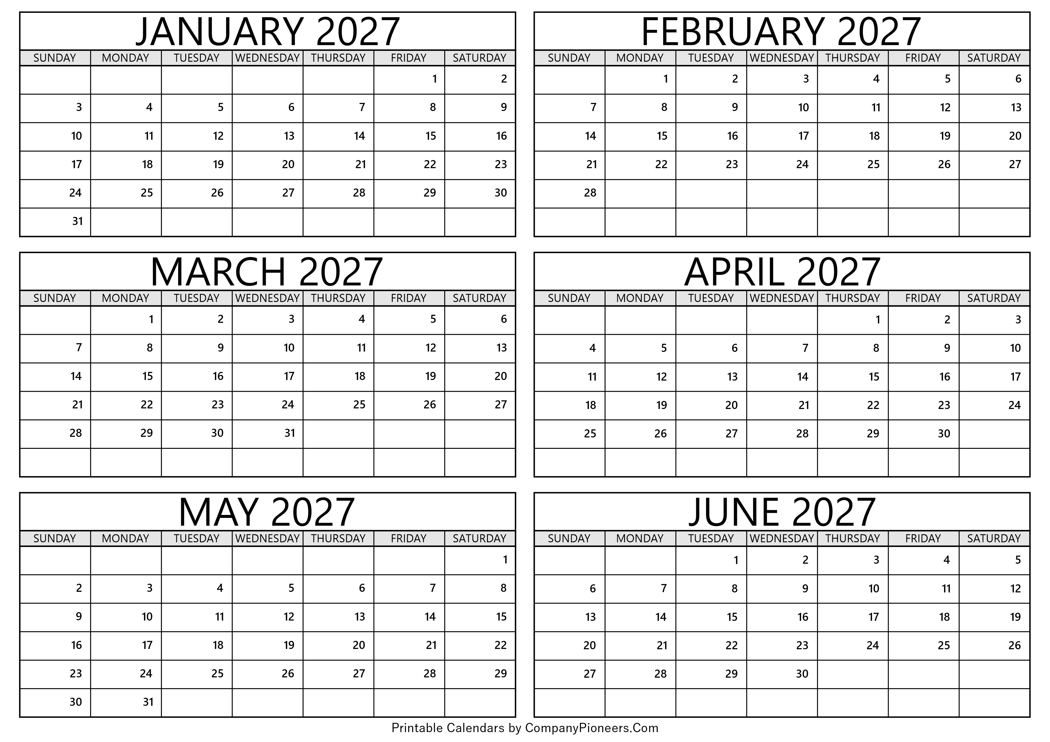 January to June 2027 Calendar