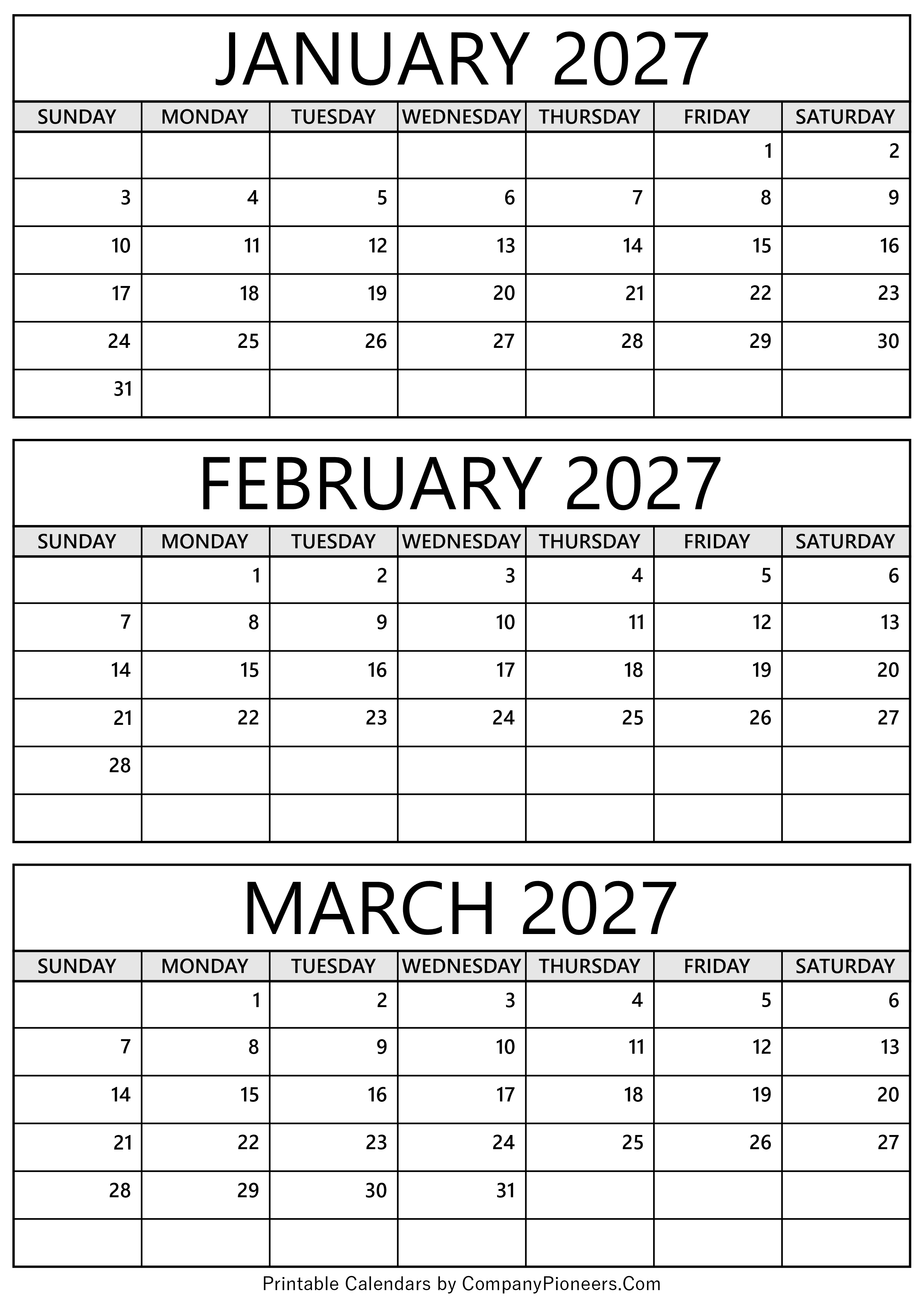 January to March 2027 Calendar