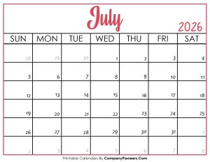 July 2026 Calendar Printable Pink Header