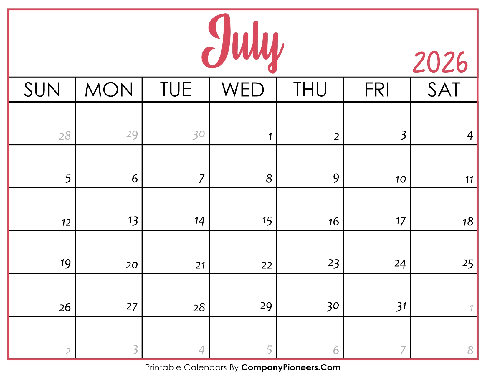 July 2026 Calendar Printable Pink Header