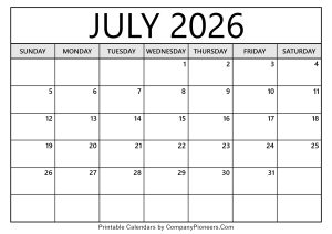 July 2026 Calendar Template Blank