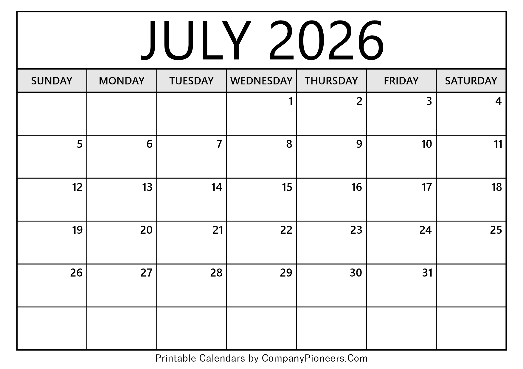July 2026 Calendar Template Blank