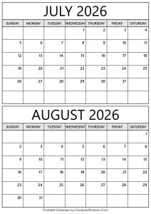 July August 2026 Calendar