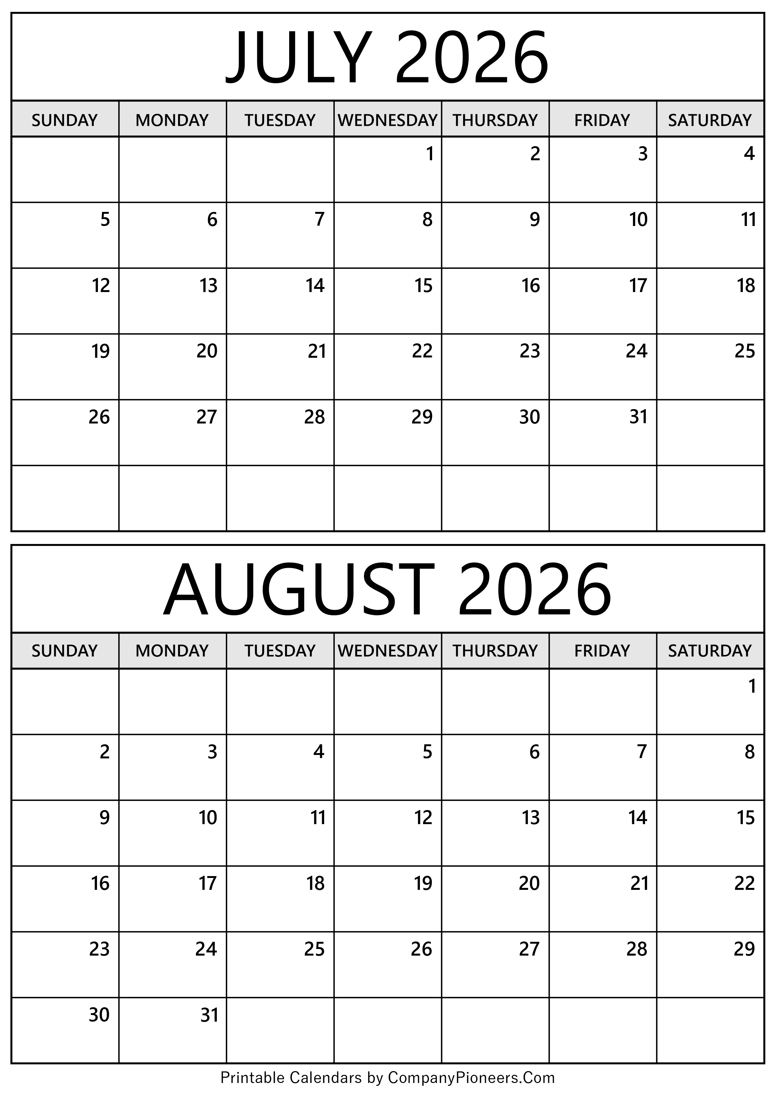 July August 2026 Calendar
