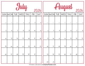 July and August Calendar 2026