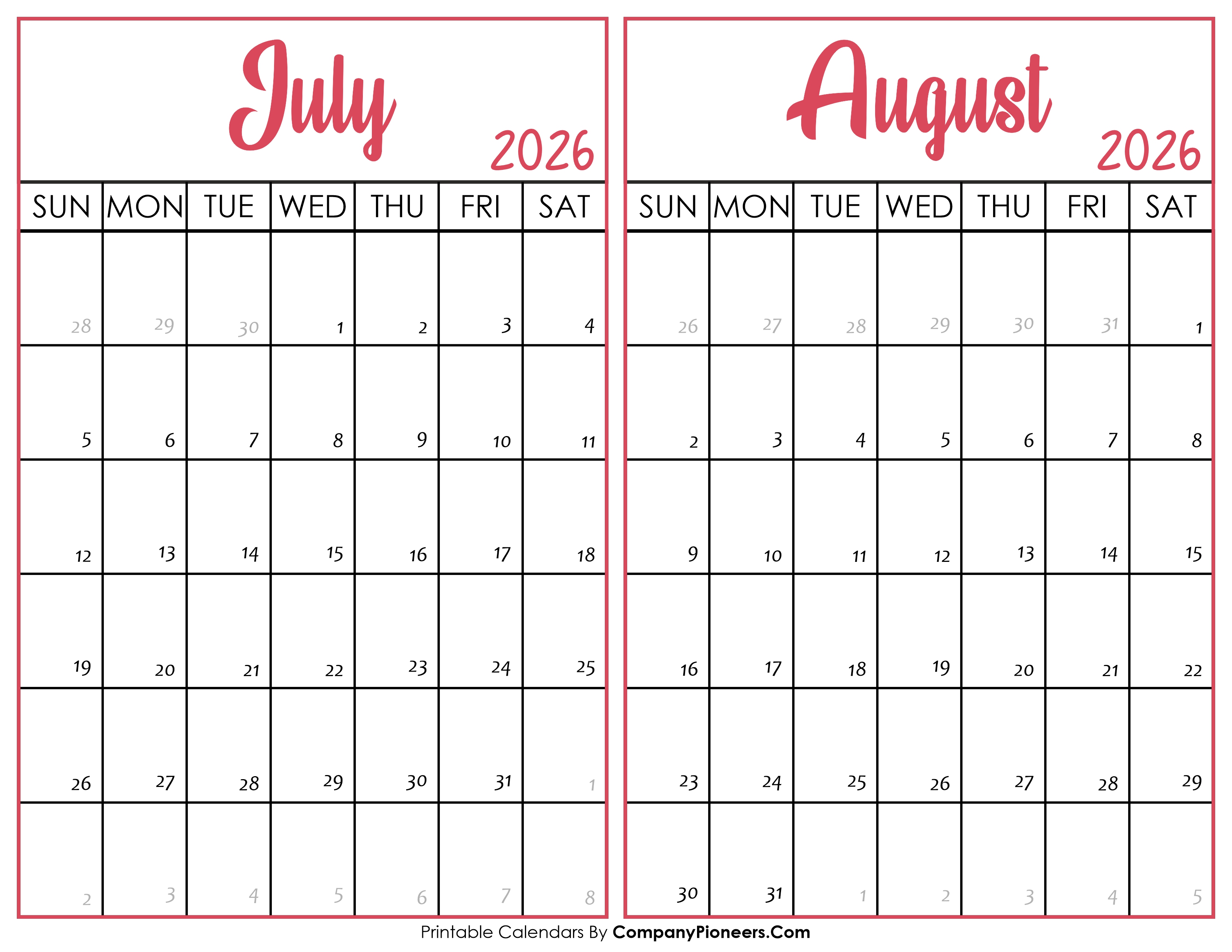July and August Calendar 2026