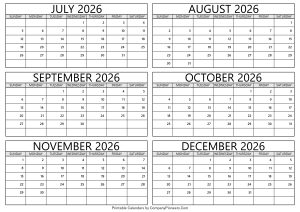 July to December 2026 Calendar