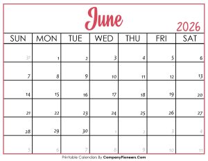 June 2026 Calendar Printable Pink Header