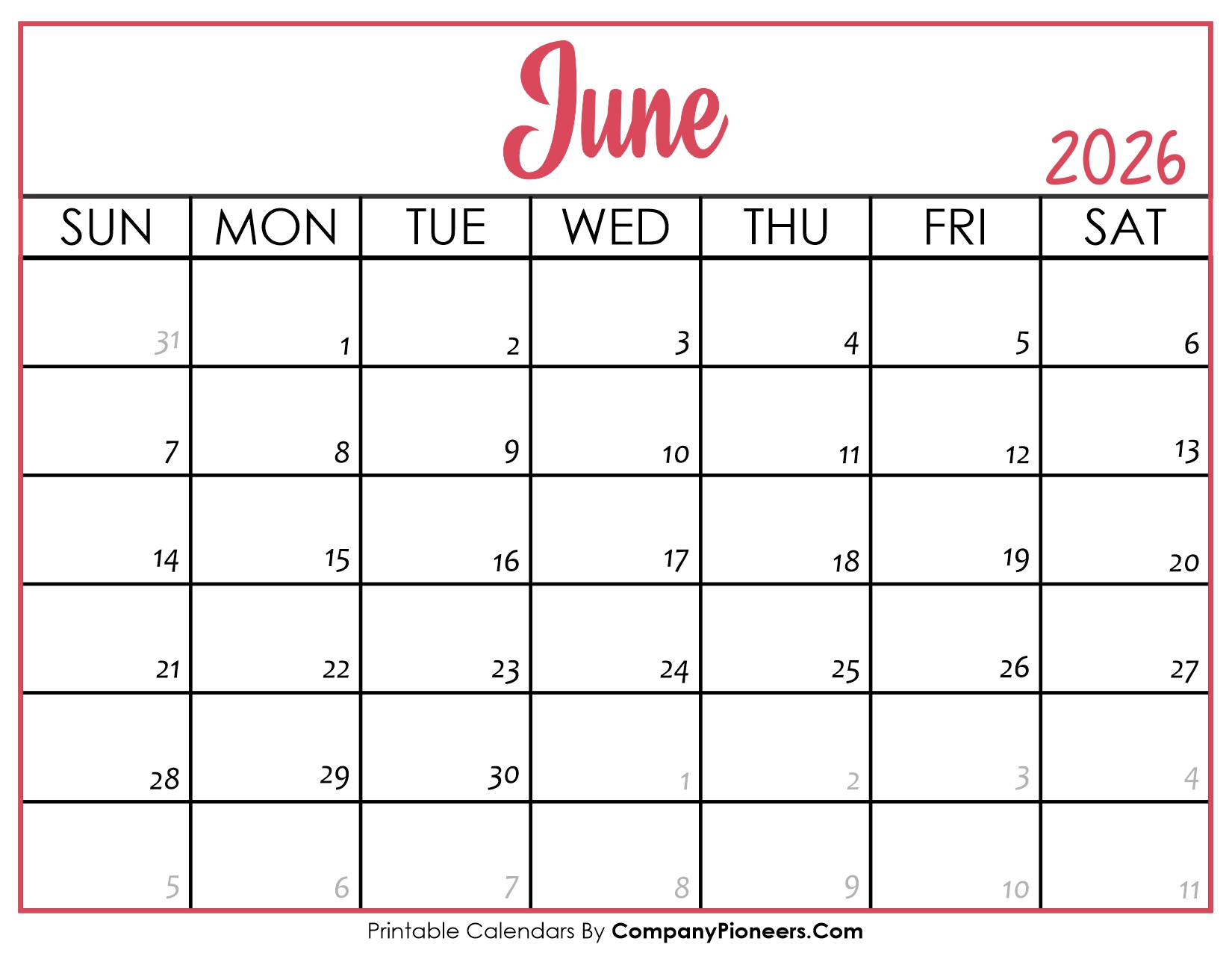 June 2026 Calendar Printable Pink Header