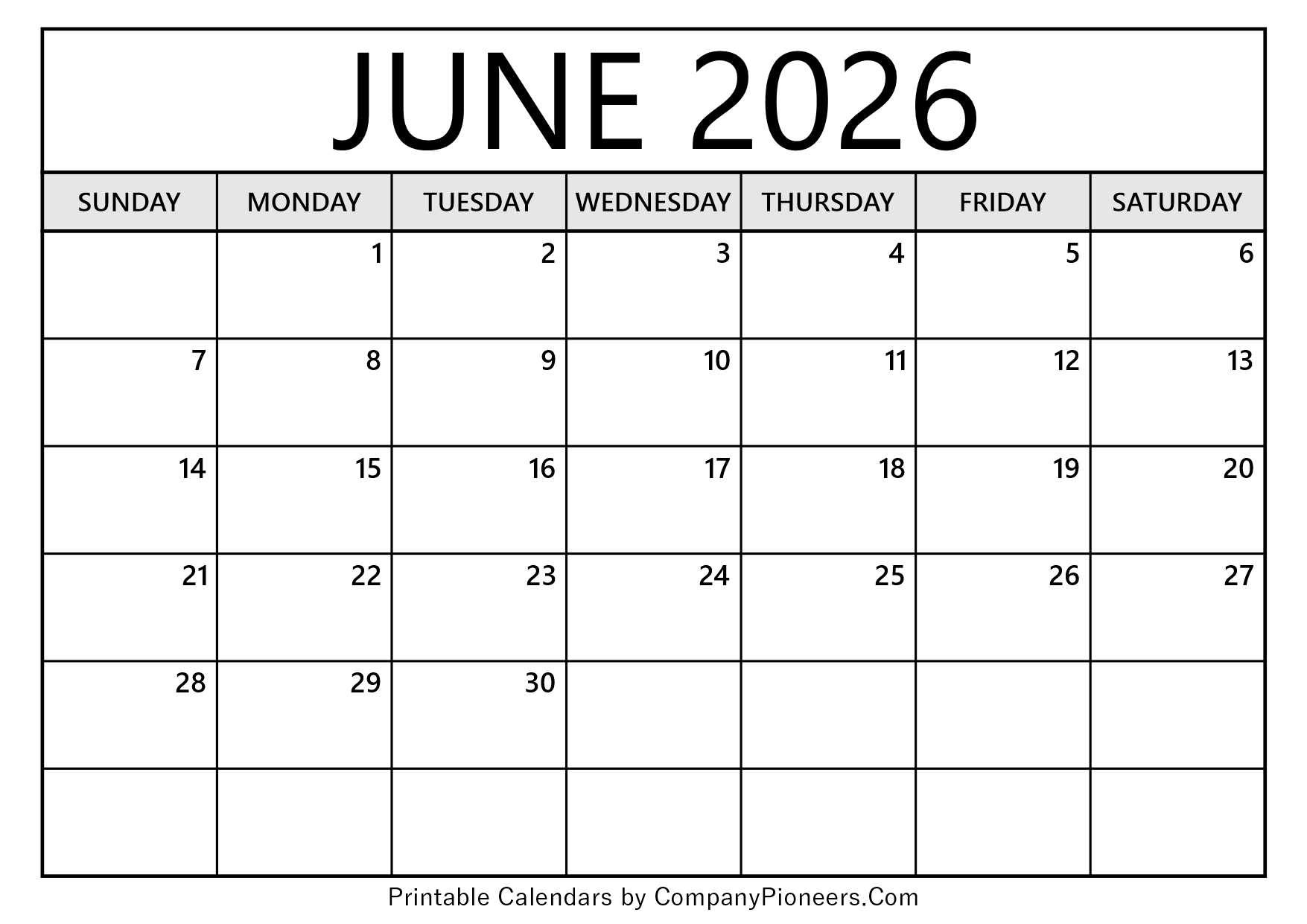 June 2026 Calendar Template Blank