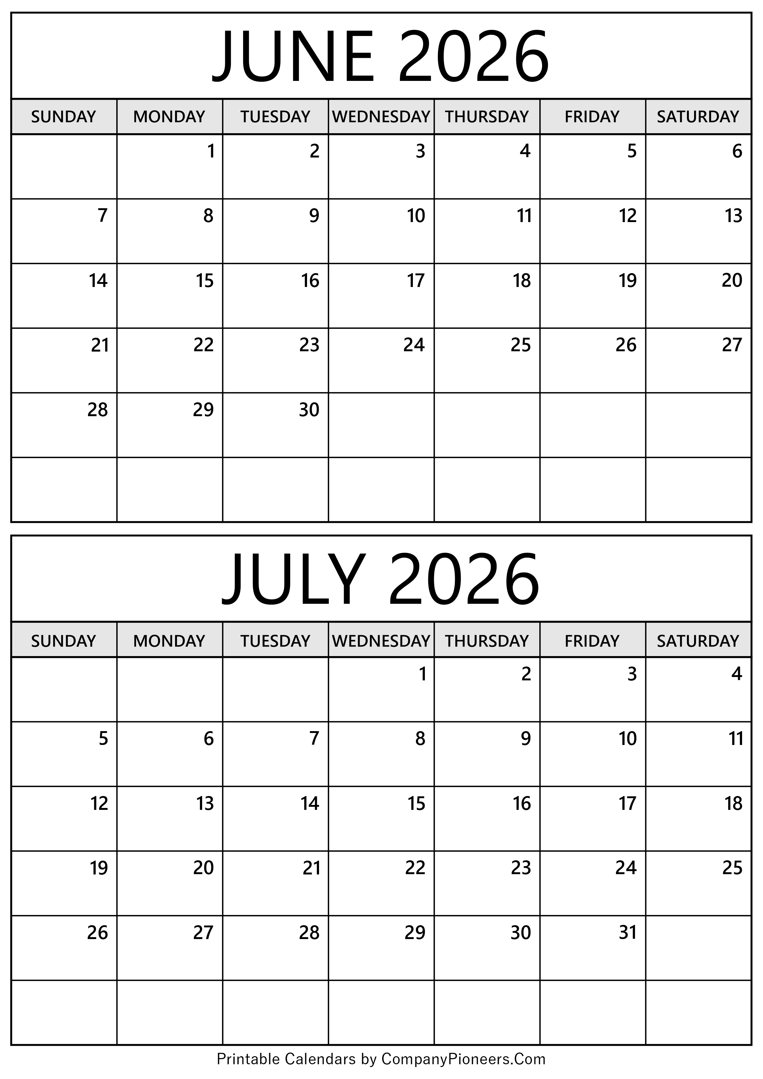 June July 2026 Calendar