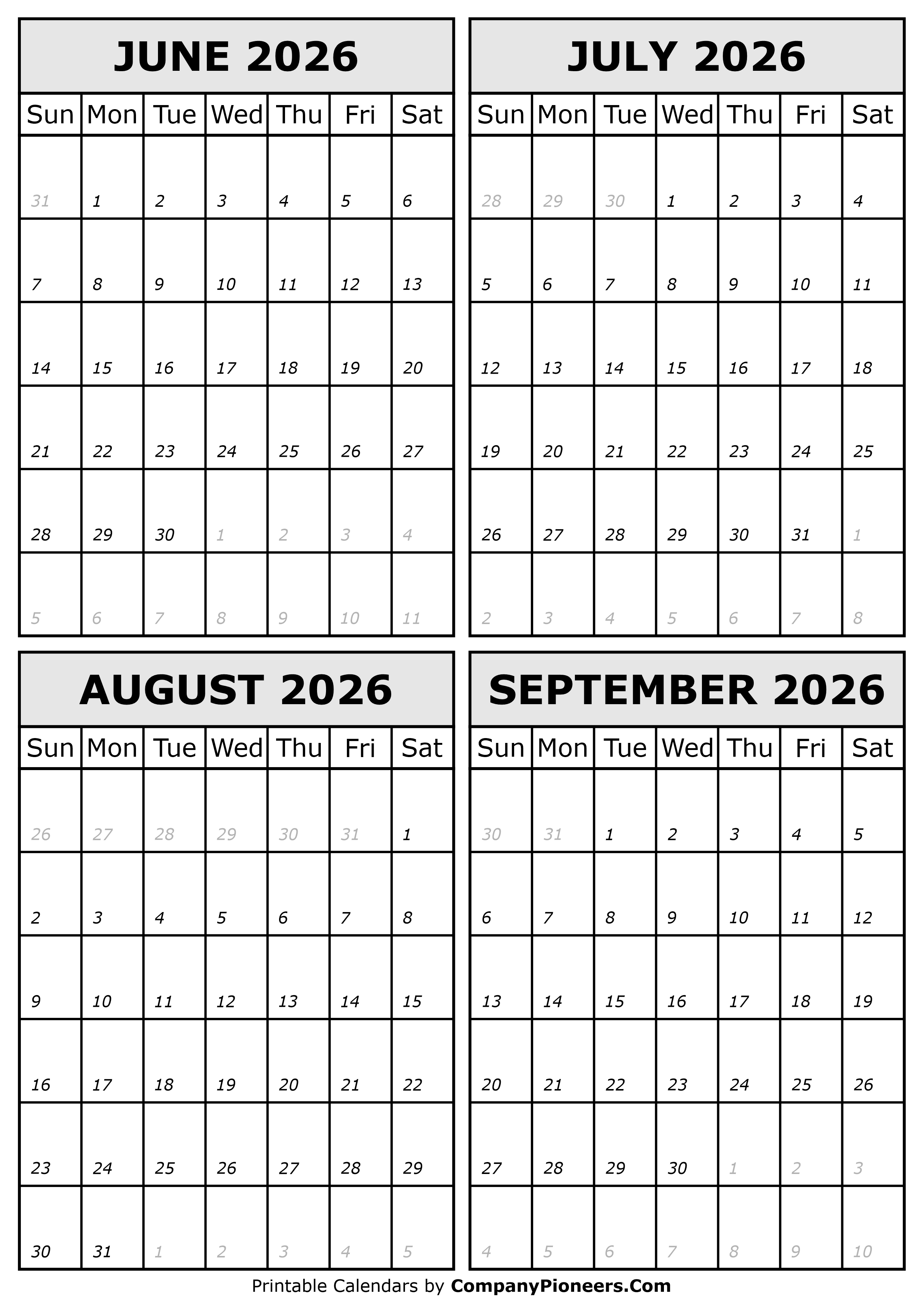 June July August September 2026 Calendar