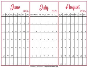 June July and August 2026 Calendar