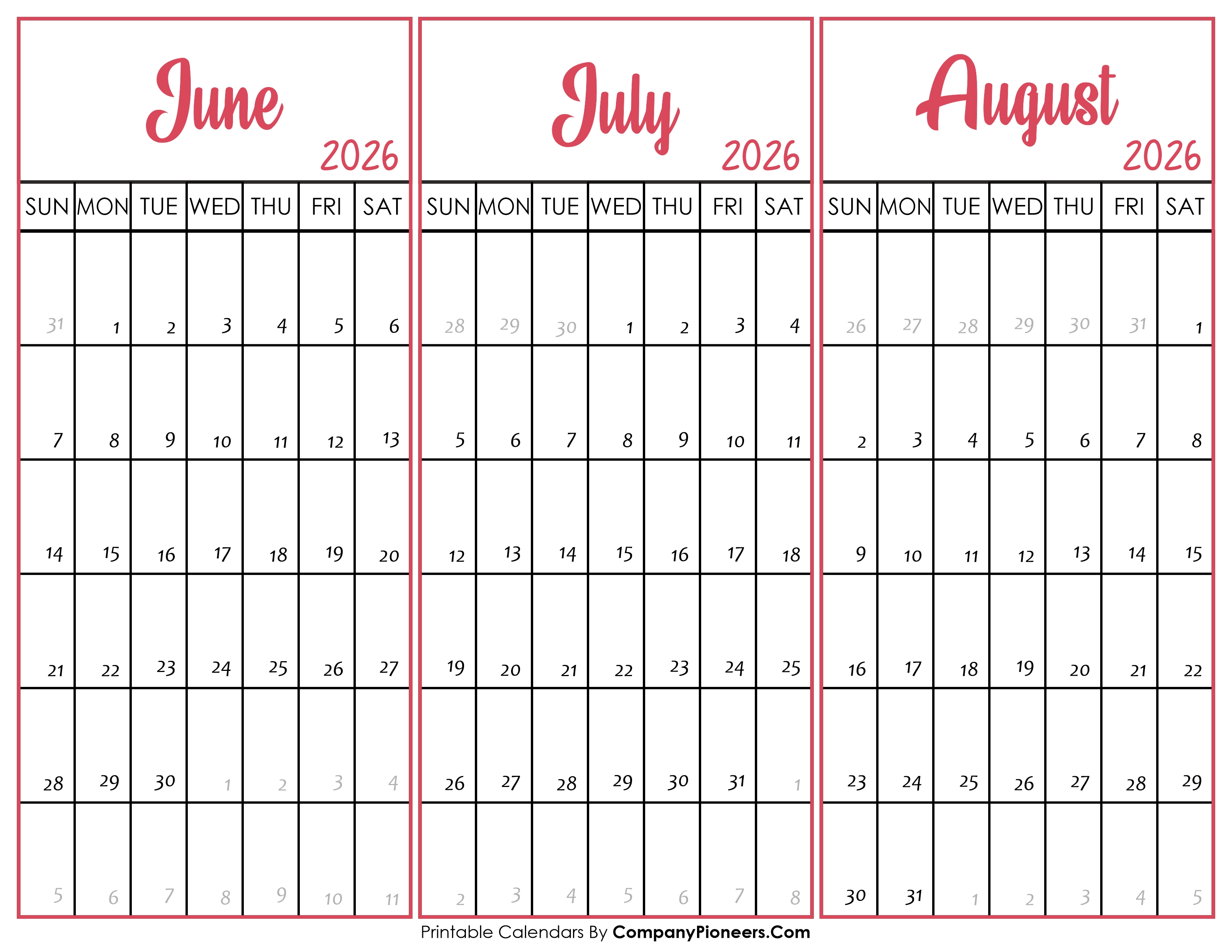 June July and August 2026 Calendar