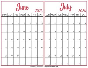 June and July Calendar 2026