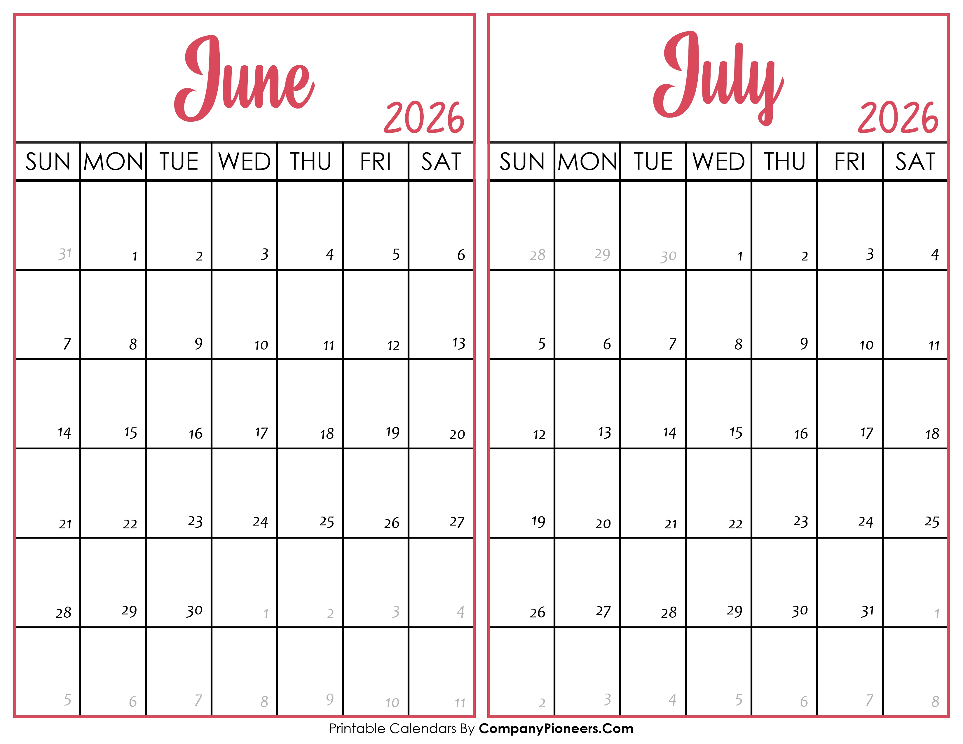 June and July Calendar 2026