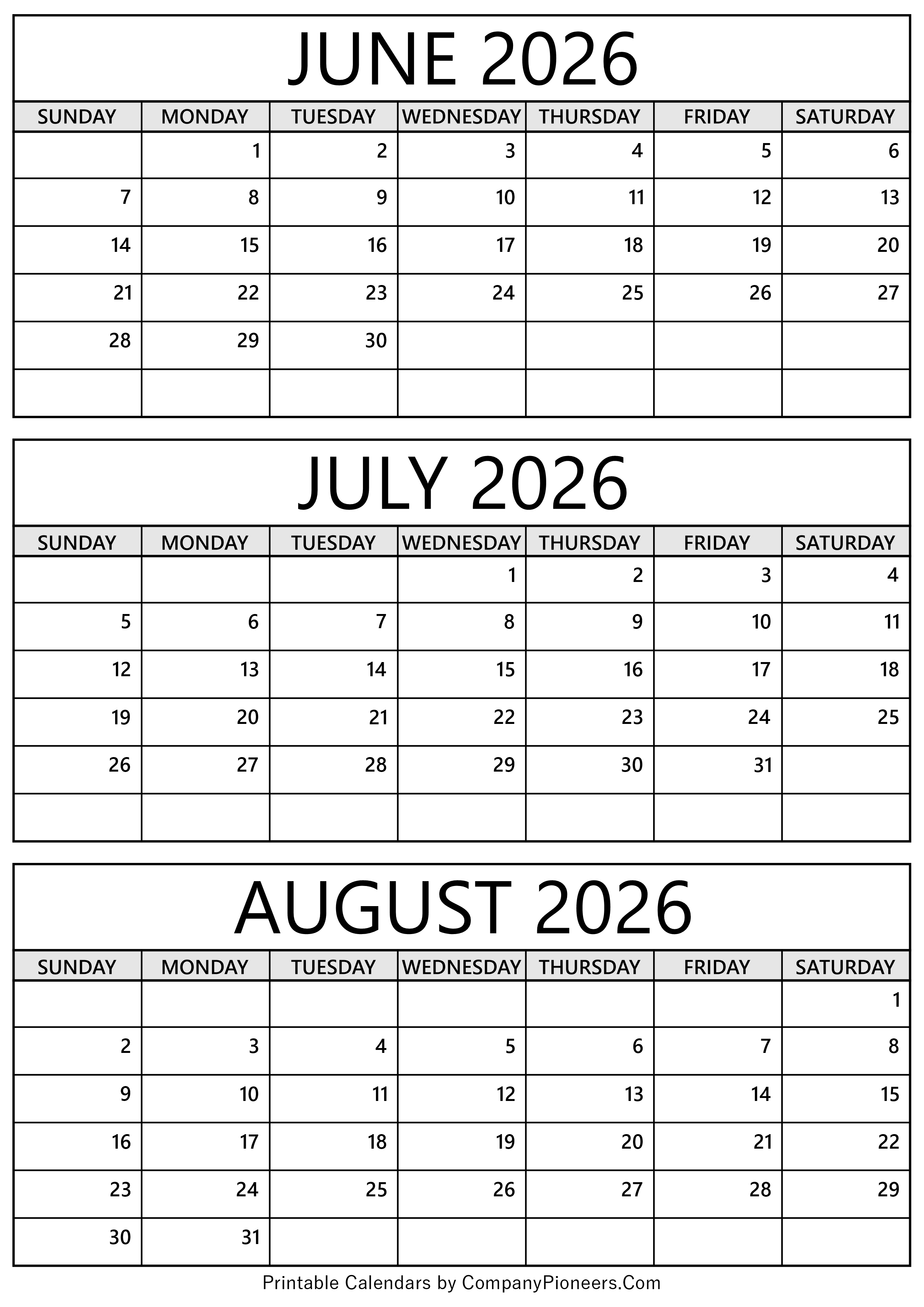 June to August 2026 Calendar