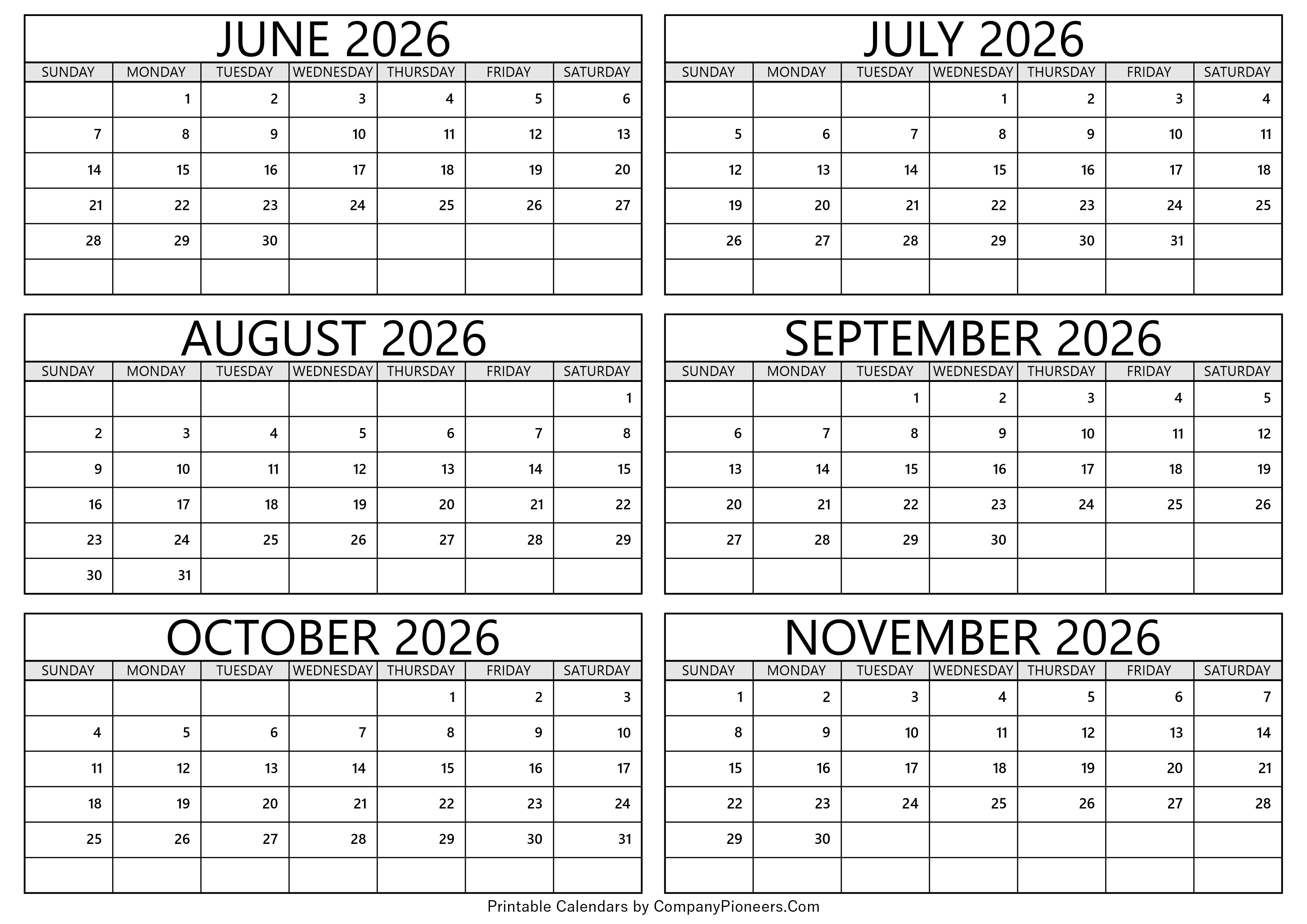 June to November 2026 Calendar