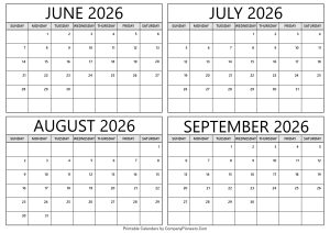 June to September 2026 Calendar