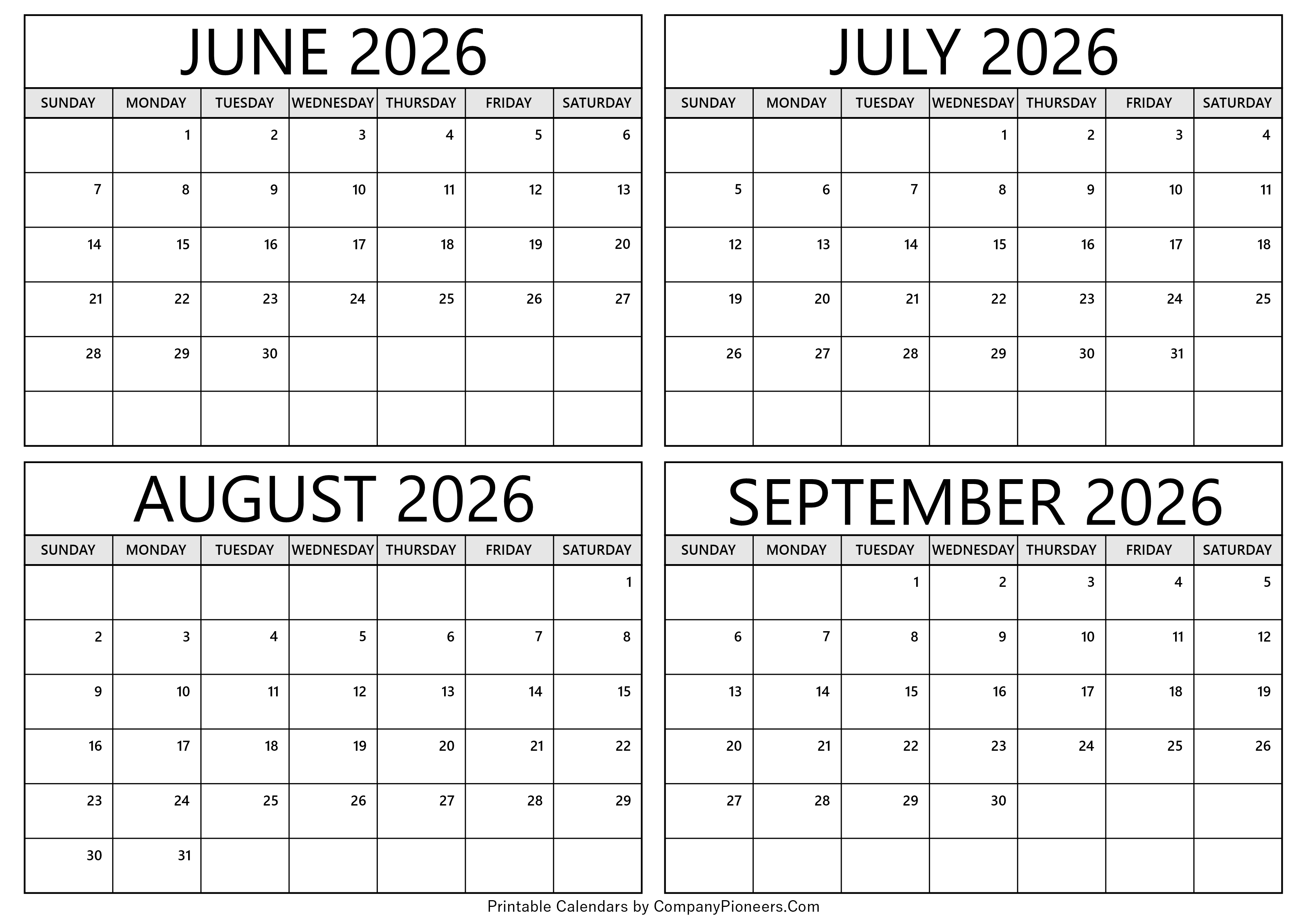 June to September 2026 Calendar