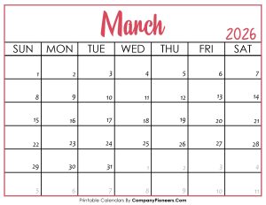 March 2026 Calendar Printable Pink Header