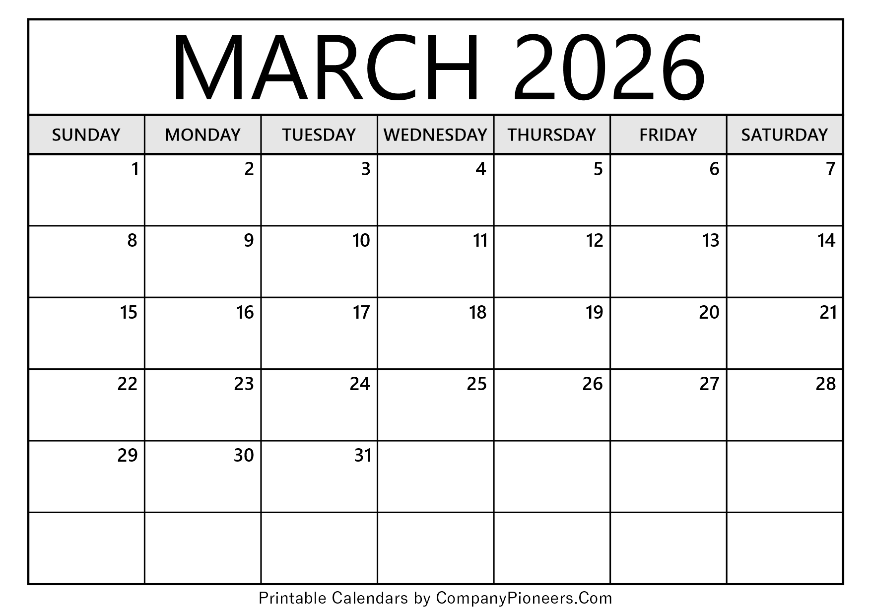 March 2026 Calendar Template Blank