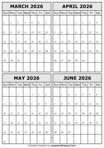 March April May June 2026 Calendar