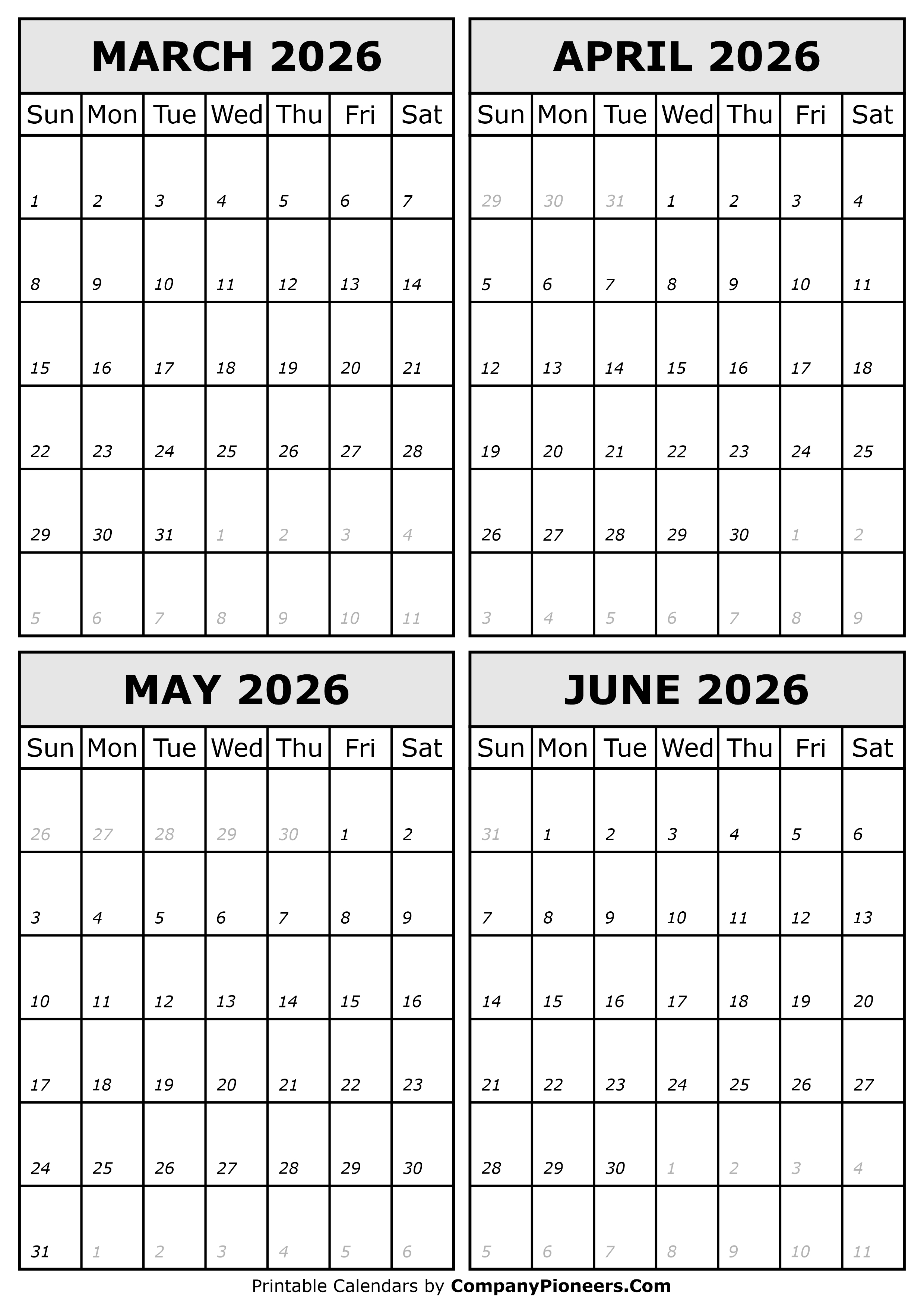 March April May June 2026 Calendar