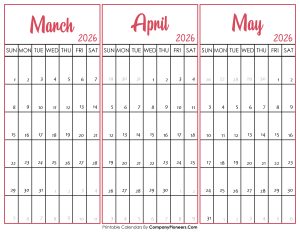March April and May 2026 Calendar