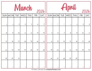 March and April Calendar 2026