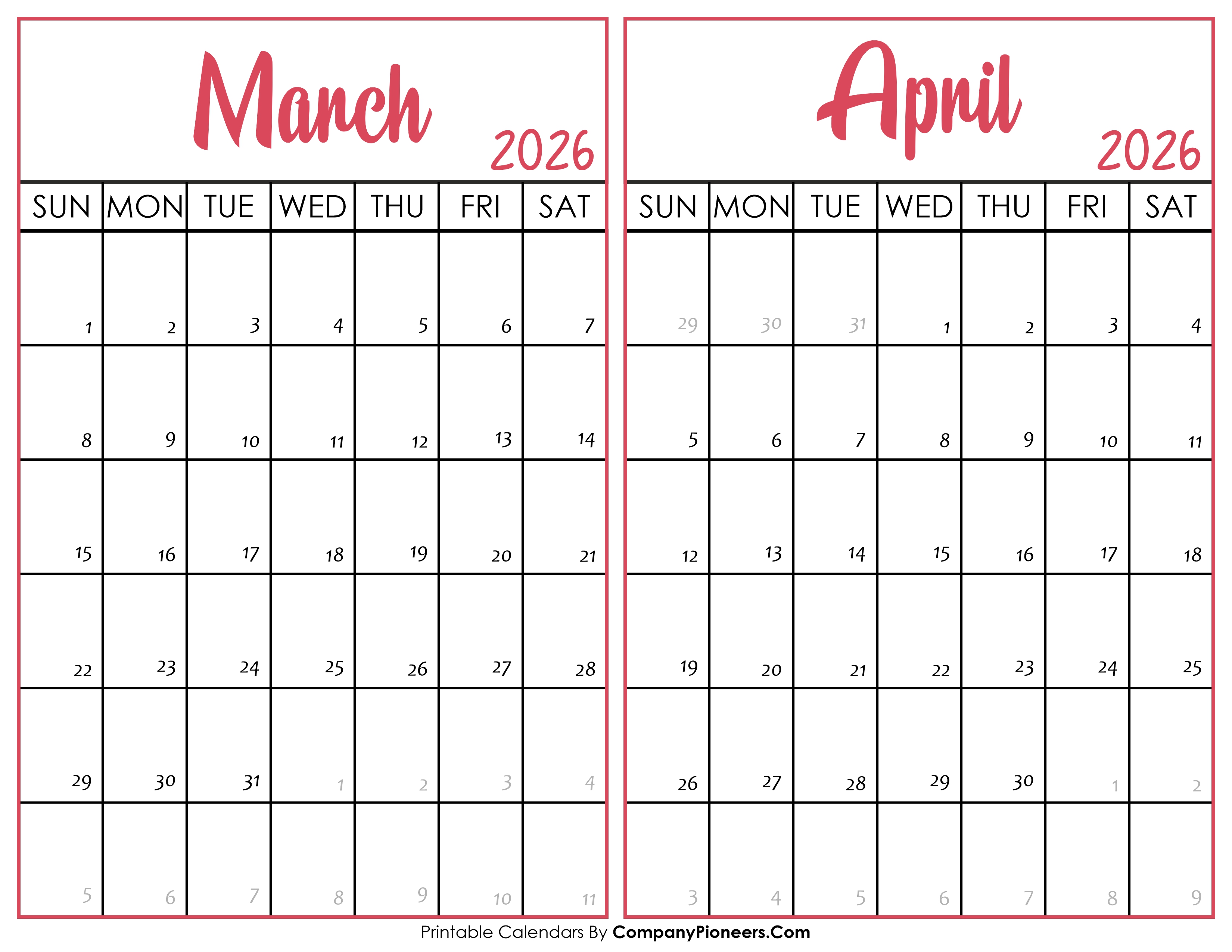 March and April Calendar 2026