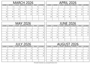 March to August 2026 Calendar