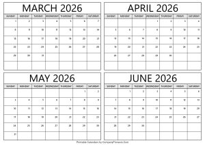 March to June 2026 Calendar