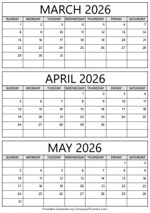 March to May 2026 Calendar