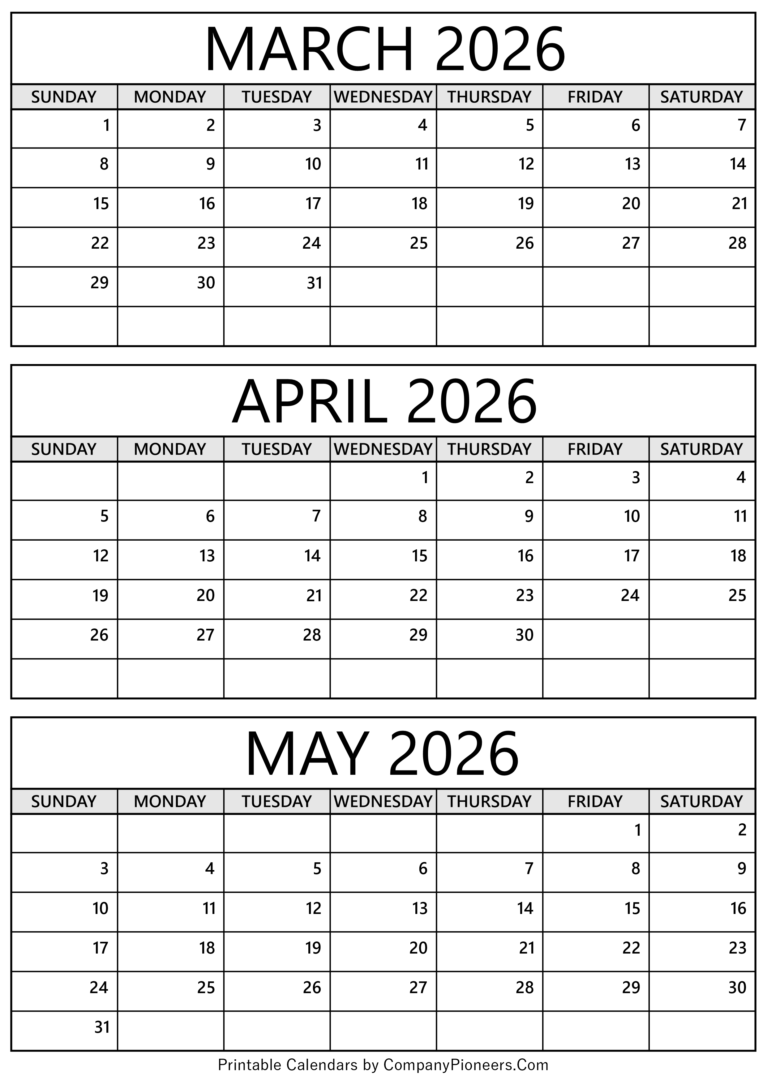 March to May 2026 Calendar