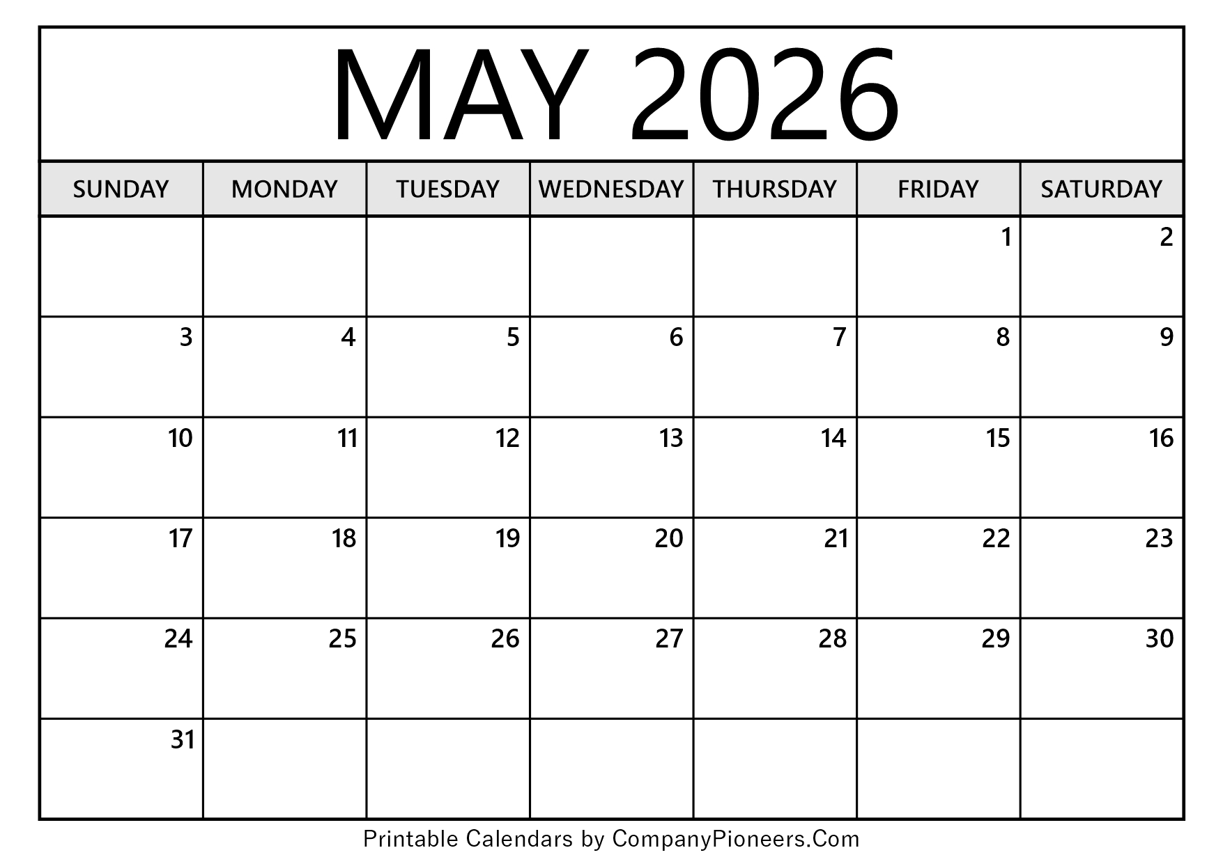 May 2026 Calendar Template Blank
