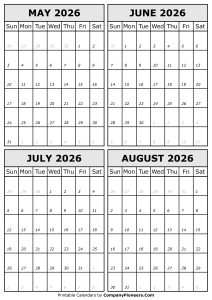 May June July August 2026 Calendar