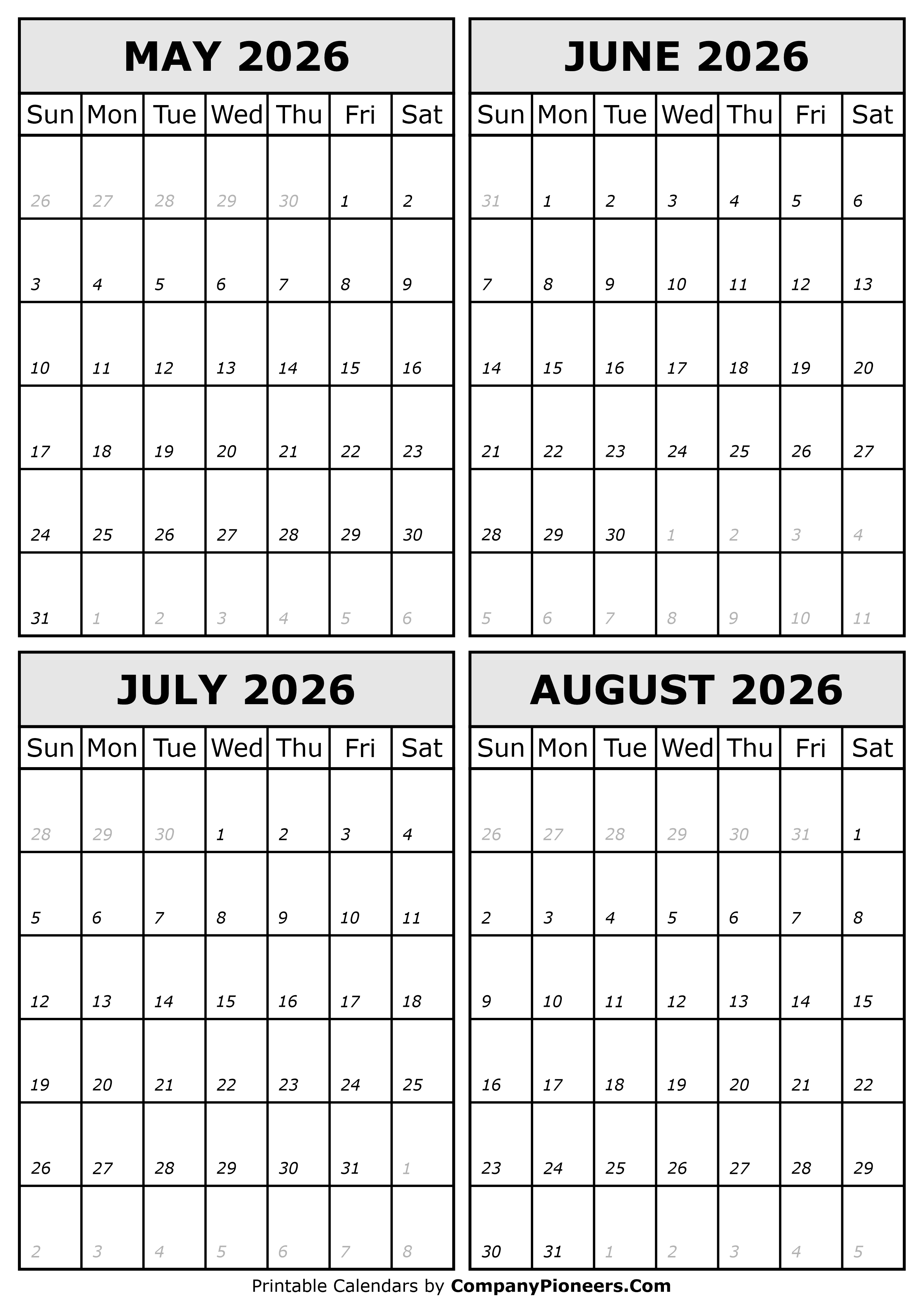 May June July August 2026 Calendar