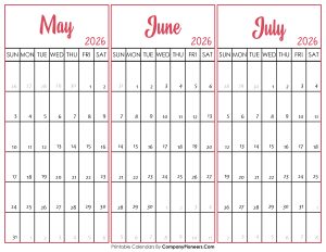 May June and July 2026 Calendar