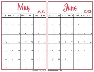 May and June Calendar 2026