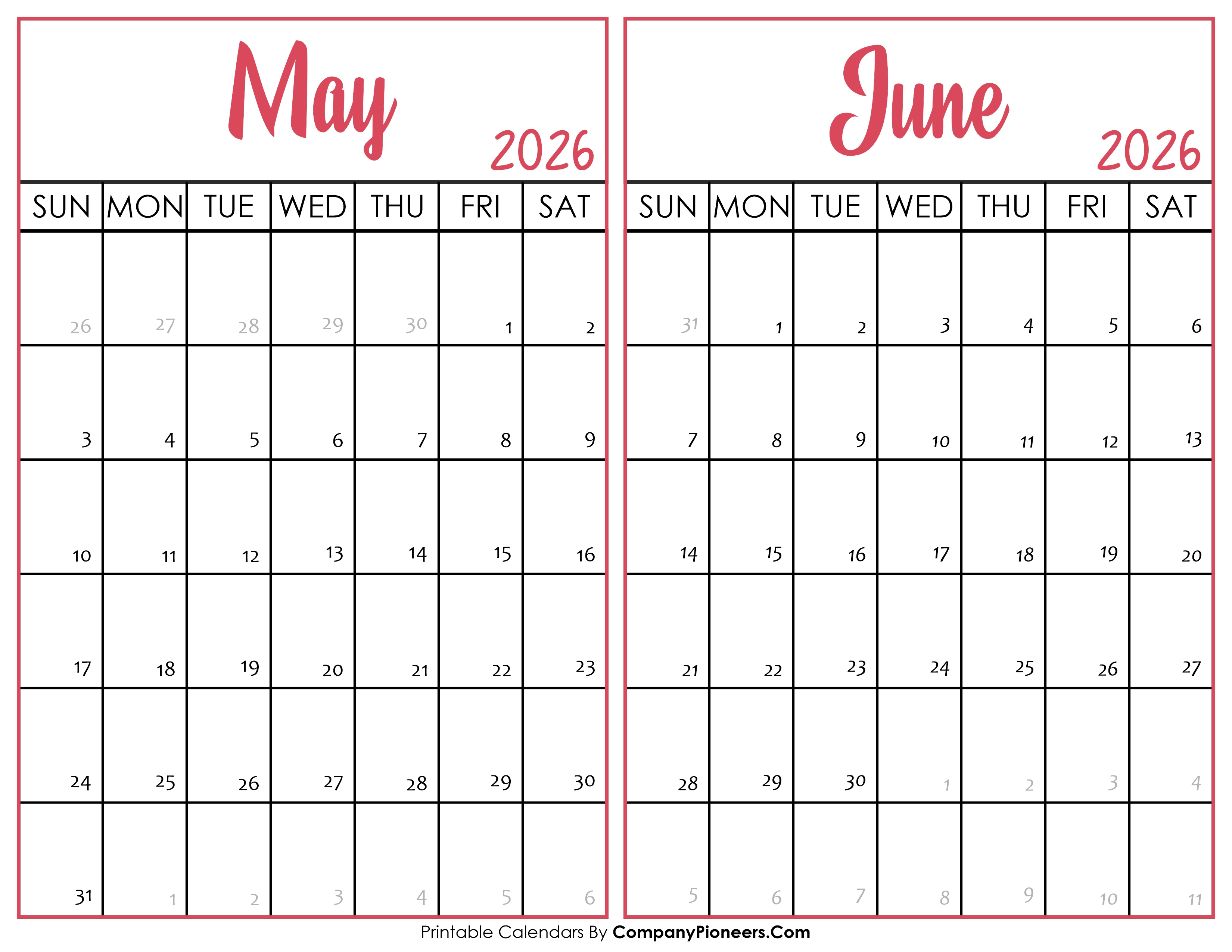 May and June Calendar 2026