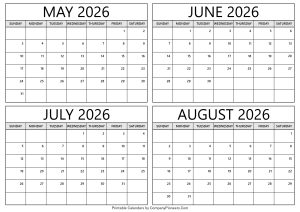 May to August 2026 Calendar