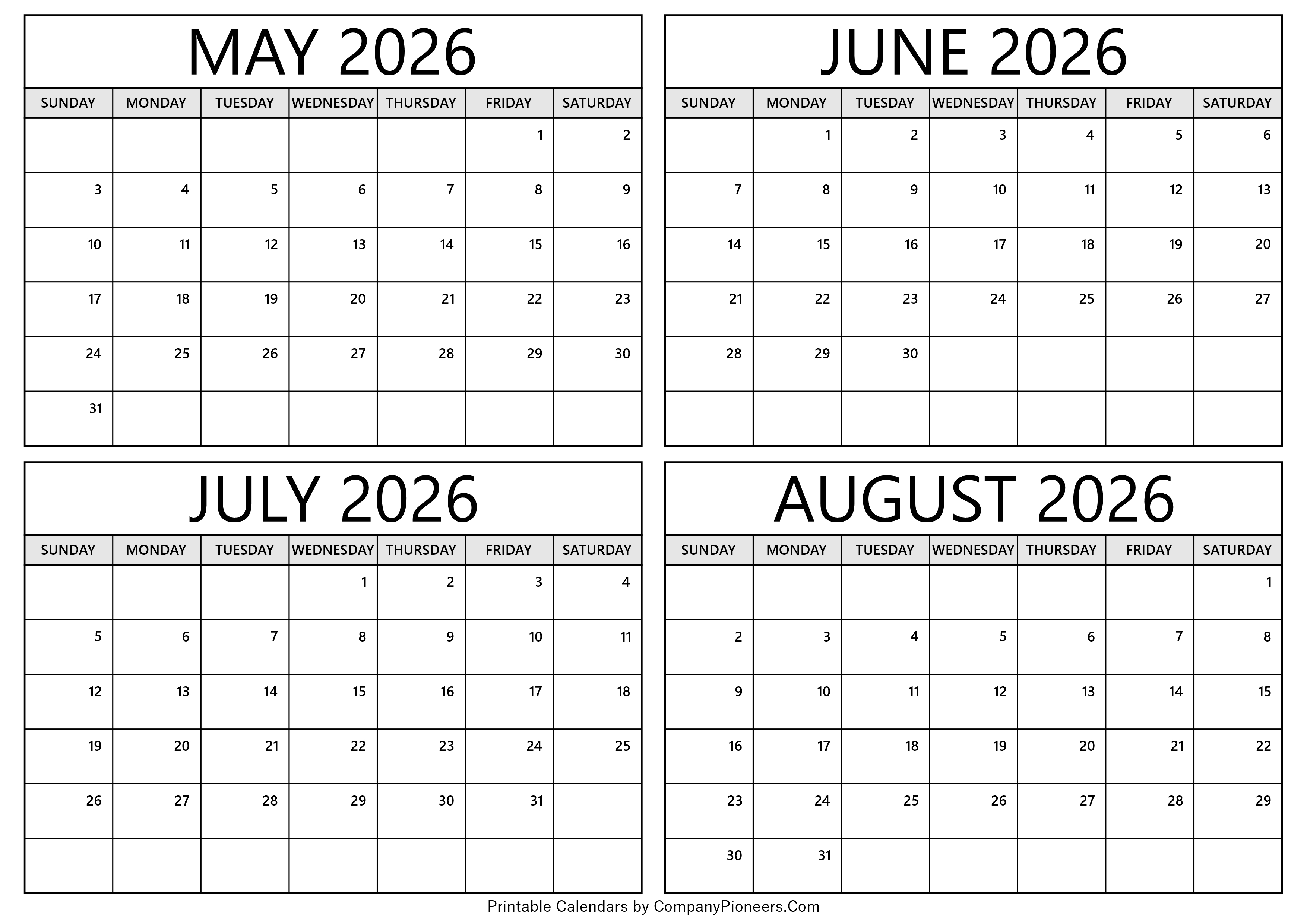 May to August 2026 Calendar