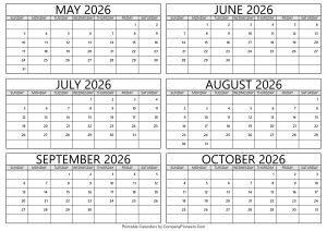 May to October 2026 Calendar