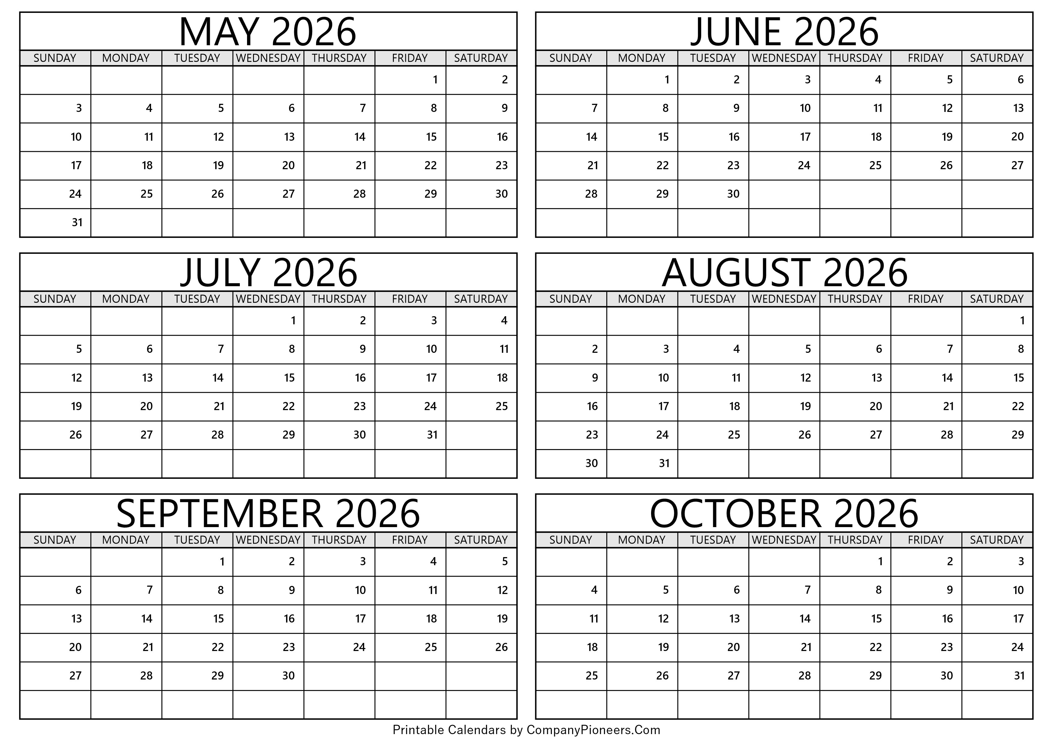 May to October 2026 Calendar